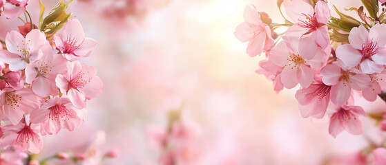 Obraz premium A frame of blooming cherry blossoms around a soft pastel background, perfect for a spring theme