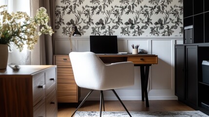 Modern Home Office Workspace with Floral Wallpaper. Possible Use Stock photo for interior design, office inspiration