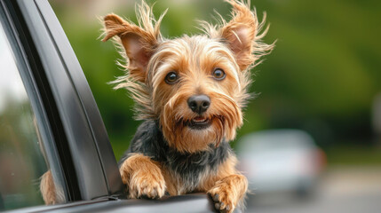dog with hilarious look sticking its head out of car window, enjoying breeze and sunshine