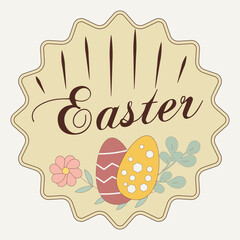 Happy Easter, Holy Holiday vector illustration, design with bunnies, colored eggs, flowers and basket. Suitable for label and sticker design. 