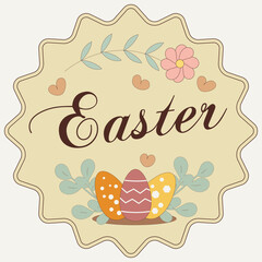 Happy Easter, Holy Holiday vector illustration, design with bunnies, colored eggs, flowers and basket. Suitable for label and sticker design. 