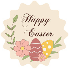 Obraz premium Happy Easter, Holy Holiday vector illustration, design with bunnies, colored eggs, flowers and basket. Suitable for label and sticker design. 