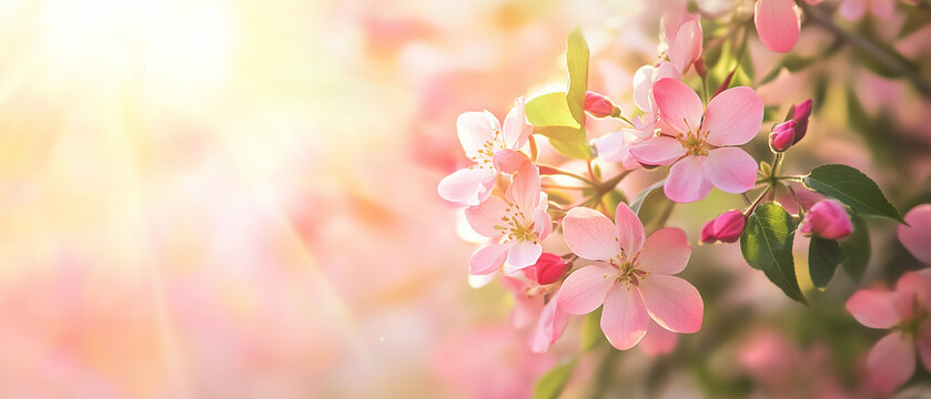 A soft-focus background of spring flowers with a place for text overlay.