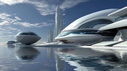 Obraz premium Futuristic Concept of a Sleek Aerodynamic Spaceport Terminal with Innovative Architectural Design, Surrounded by Water and Skyscraping Structures Under a Clear Sky