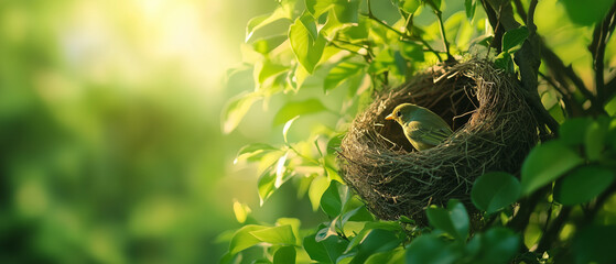 Obraz premium Birds building their nests among the fresh green leaves, celebrating the arrival of spring