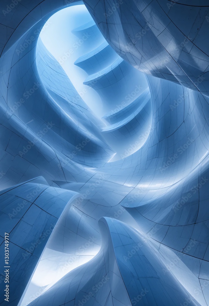 Poster Abstract Architecture Study. Sweeping Curves And Smooth Surfaces. Dynamic Building Design. Soft Light Reflections Create Tranquil Atmosphere. Modern Architectural Abstraction With Blue Tones.