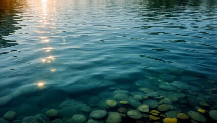 Calm waters reflecting sunlight in serene tranquility