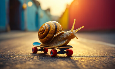 A snail riding a skateboard.