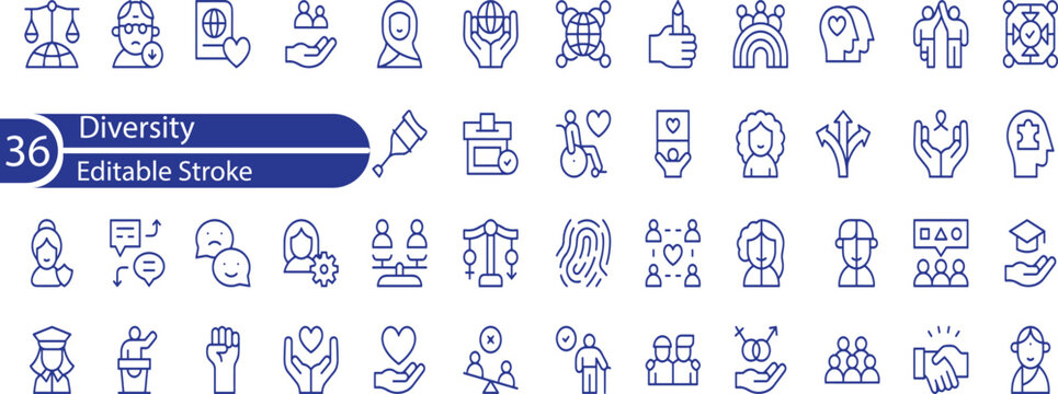 Diversity Line Editable Icons set. Vector illustration in thin line modern style of society related icons . oneness, people, equality, and more.