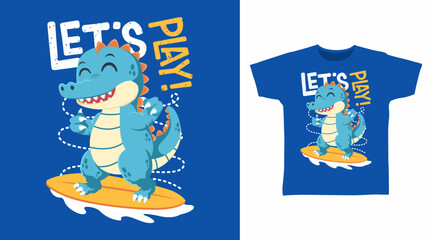 Cute dinosaur play surfing hand drawn, ready for print on t shirt and other uses
