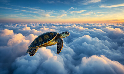 A turtle swimming in the clouds.