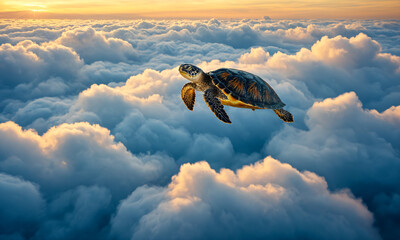 A turtle swimming in the clouds.
