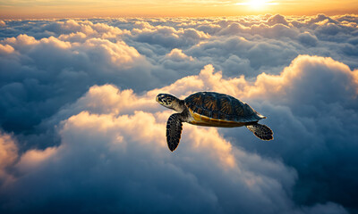 A turtle swimming in the clouds.