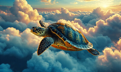 A turtle swimming in the clouds.