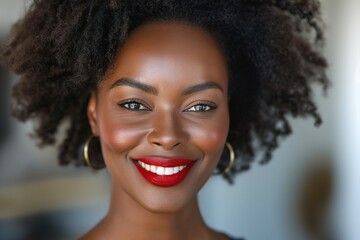 A beautiful Black woman with curly hair and bold red lipstick, radiating confidence and joy with a bright smile.