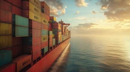 Fototapeta premium Side view of a massive container vessel fully loaded with multicolored cargo containers, sailing under a bright sky, highlighting the importance of maritime shipping in the global economy. 