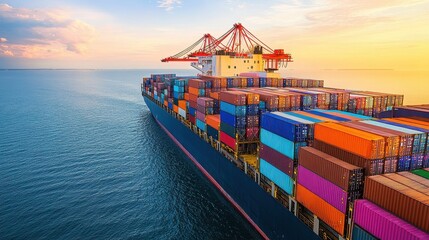 Side view of a massive container vessel fully loaded with multicolored cargo containers, sailing under a bright sky, highlighting the importance of maritime shipping in the global economy. 