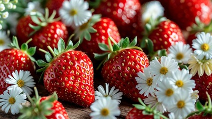Fresh strawberries blooming with delicate white flowers