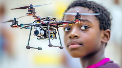 Boy holding drone, technology, outdoors