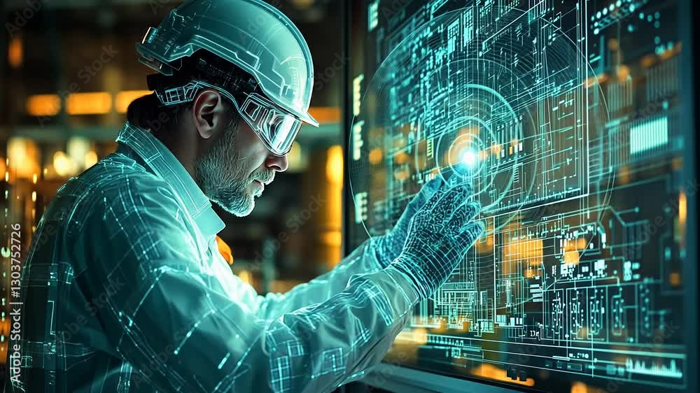 Poster In a futuristic lab, an engineer utilizes advanced technology to conduct intricate digital analyses. The room is illuminated by glowing screens, showcasing detailed schematics and data flows.