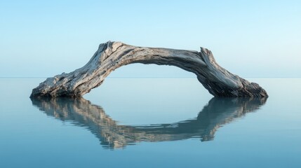 Fototapeta premium A weathered log arching over calm water under a clear sky