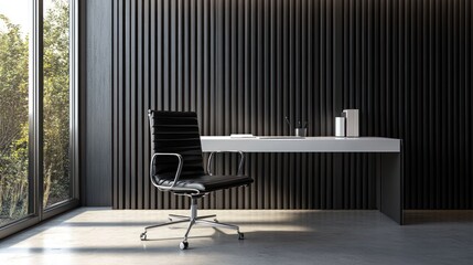 Modern office desk, black wall, natural light, work space, interior, empty