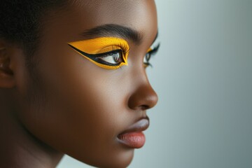 Fototapeta premium Profile of a young Black woman with bold yellow and black eye makeup, showcasing artistic beauty and elegance.