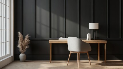 Modern Workspace Interior, Sunlight, Dark Walls, Wooden Table, Empty Chair