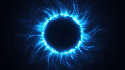 Glowing blue energy surrounds a dark circular shape against the black background