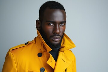 Obraz premium A confident Black man in a bright yellow trench coat, exuding style and charisma against a neutral backdrop.