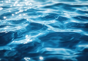 Tranquil rippling water surface reflecting sunlight, showcasing vibrant blue hues and shimmering highlights for a serene aquatic ambiance.