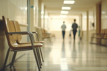 Empty hospital corridor, people walking, waiting chairs, medical facility