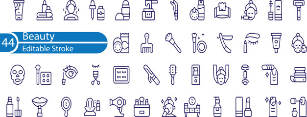 Beauty web icons set. Cosmetology and dermatology simple thin line icons collection. Containing cream bottle, lipstick, makeup brush, care skin, face mask and more