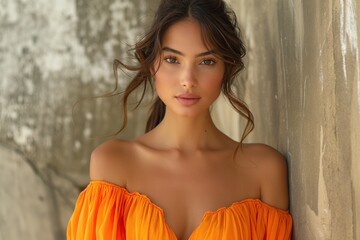 Fototapeta premium A young woman of Latin descent poses gracefully, showcasing her natural beauty against a textured backdrop.