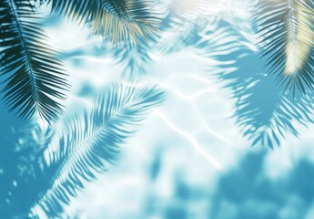 Tropical Palm Leaf Shadows Cast Over Sparkling Blue Water Surface in a Sunlit Swimming Pool Environment