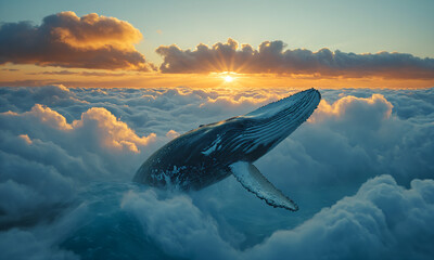 A whale swimming in the clouds.