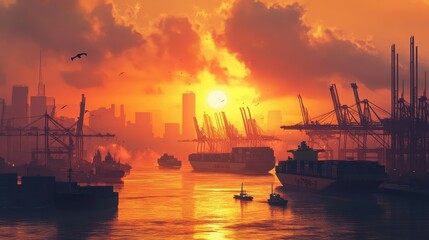 Obraz premium Sunset over a bustling container port, with large cargo ships docked and cranes unloading containers, illustrating the dynamic nature of international trade, logistics, and economic growth. 