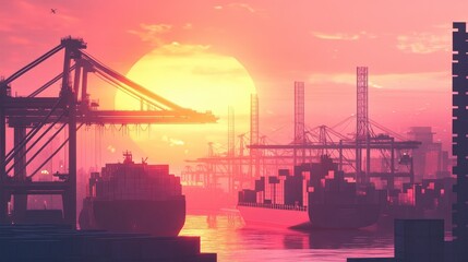 Obraz premium Sunset over a bustling container port, with large cargo ships docked and cranes unloading containers, illustrating the dynamic nature of international trade, logistics, and economic growth. 