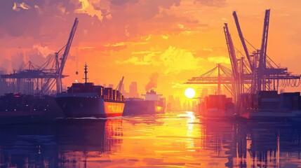 Obraz premium Sunset over a bustling container port, with large cargo ships docked and cranes unloading containers, illustrating the dynamic nature of international trade, logistics, and economic growth. 