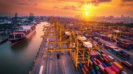 Sunset over a bustling container port, with large cargo ships docked and cranes unloading containers, illustrating the dynamic nature of international trade, logistics, and economic growth. 