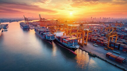 Obraz premium Sunset over a bustling container port, with large cargo ships docked and cranes unloading containers, illustrating the dynamic nature of international trade, logistics, and economic growth. 