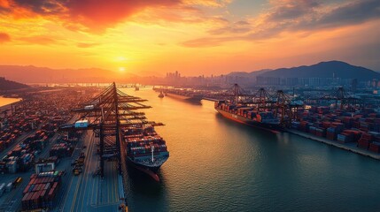 Fototapeta premium Sunset over a bustling container port, with large cargo ships docked and cranes unloading containers, illustrating the dynamic nature of international trade, logistics, and economic growth. 