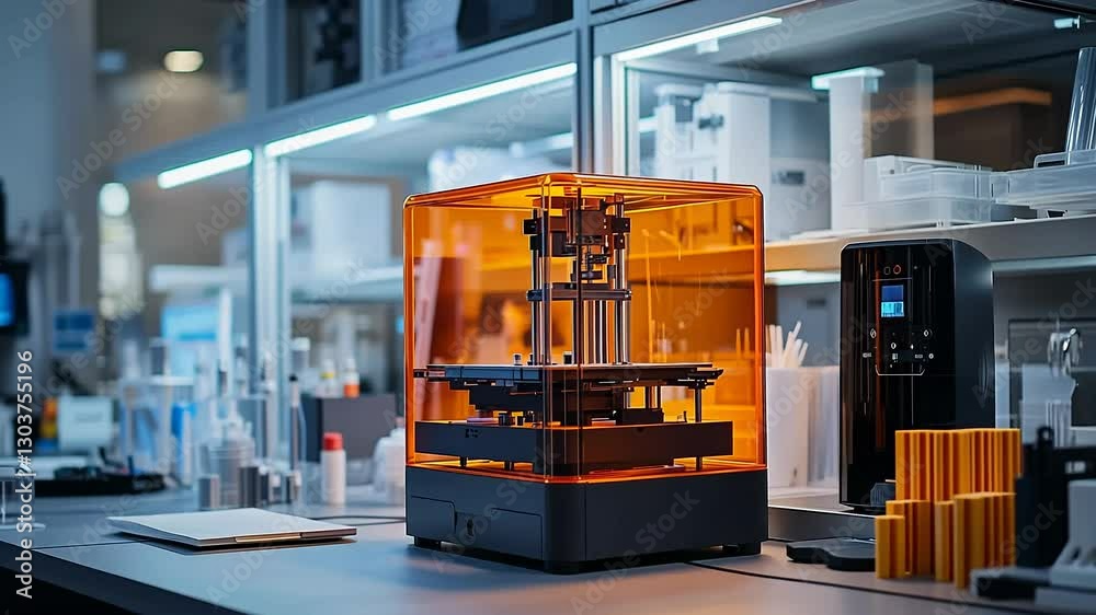 Poster The vibrant engineering lab features a state-of-the-art 3D printer with an orange casing amidst various tools, equipment, and materials in a modern workspace filled with innovative energy.