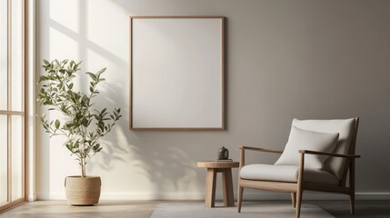 Modern minimalist room with framed art,  peaceful interior scene, ideal for home decor