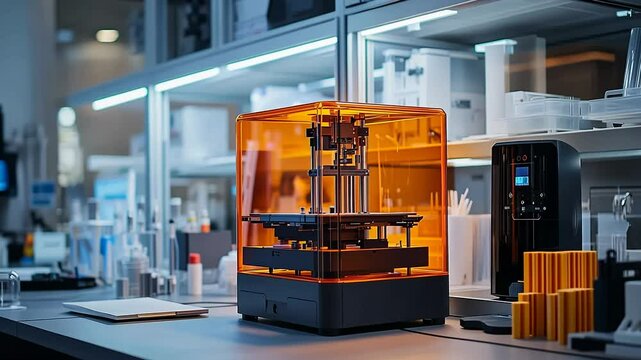 The vibrant engineering lab features a state-of-the-art 3D printer with an orange casing amidst various tools, equipment, and materials in a modern workspace filled with innovative energy.