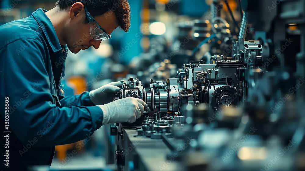 Poster A dedicated mechanic focuses intently on disassembling intricate machinery in a well-equipped workshop filled with tools and parts. Surroundings buzz with activity and craftsmanship.