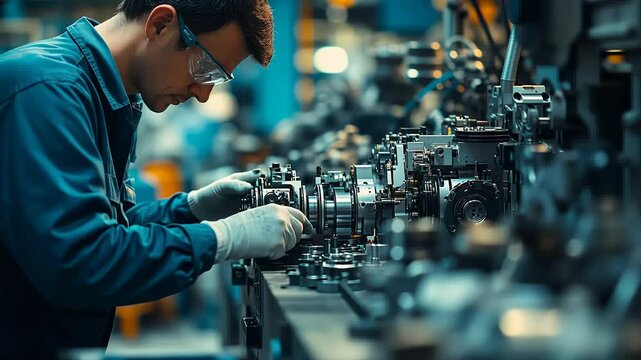 A dedicated mechanic focuses intently on disassembling intricate machinery in a well-equipped workshop filled with tools and parts. Surroundings buzz with activity and craftsmanship.