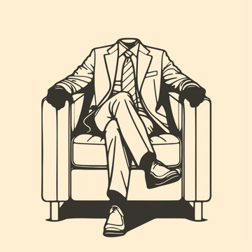 headless man wearing a suit and sitting in an armchair vintage sketch