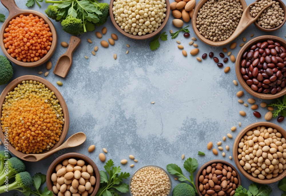 Poster legumes and nuts. bowls displaying lentils. diverse beans. a balanced. organic composition. fresh in