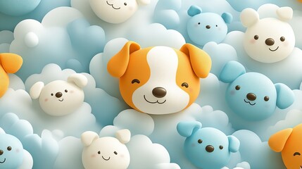 Naklejka premium A cluster of pastel-colored cartoon puppy faces surrounded by soft blue and white cloud shapes